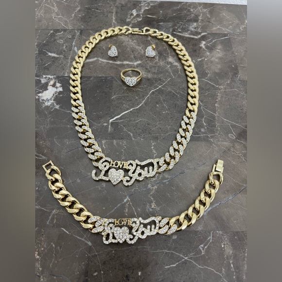New! 18K Gold Plated, I Love You Cuban Link 4 Piece Jewelry Set - Picture 1 of 10